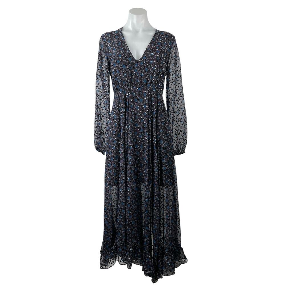 Maje Revana Black Floral Long Sleeve Mesh V Neck Ruffle A Line Maxi Dress Size 1